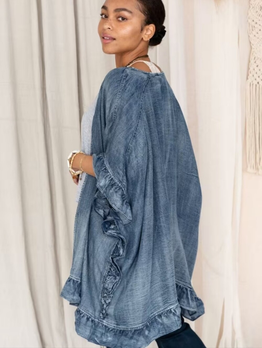 Three Bird Nest Women’s Ruffled Denim Jacket Cover Up OSFM Lightweight Layering